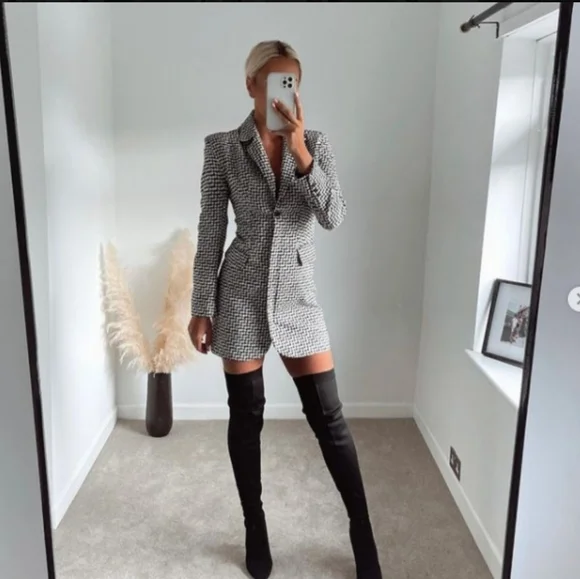 NWT Zara * Houndstooth Textured Tweed Blazer Dress Cut Out Size XS S - Picture 5 of 15